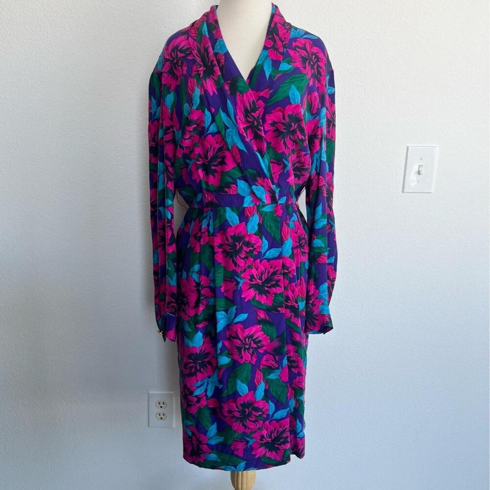 Dana Buchman Floral Wrap 100% Silk Dress Pink Purple Long Sleeve Midi Women's 12